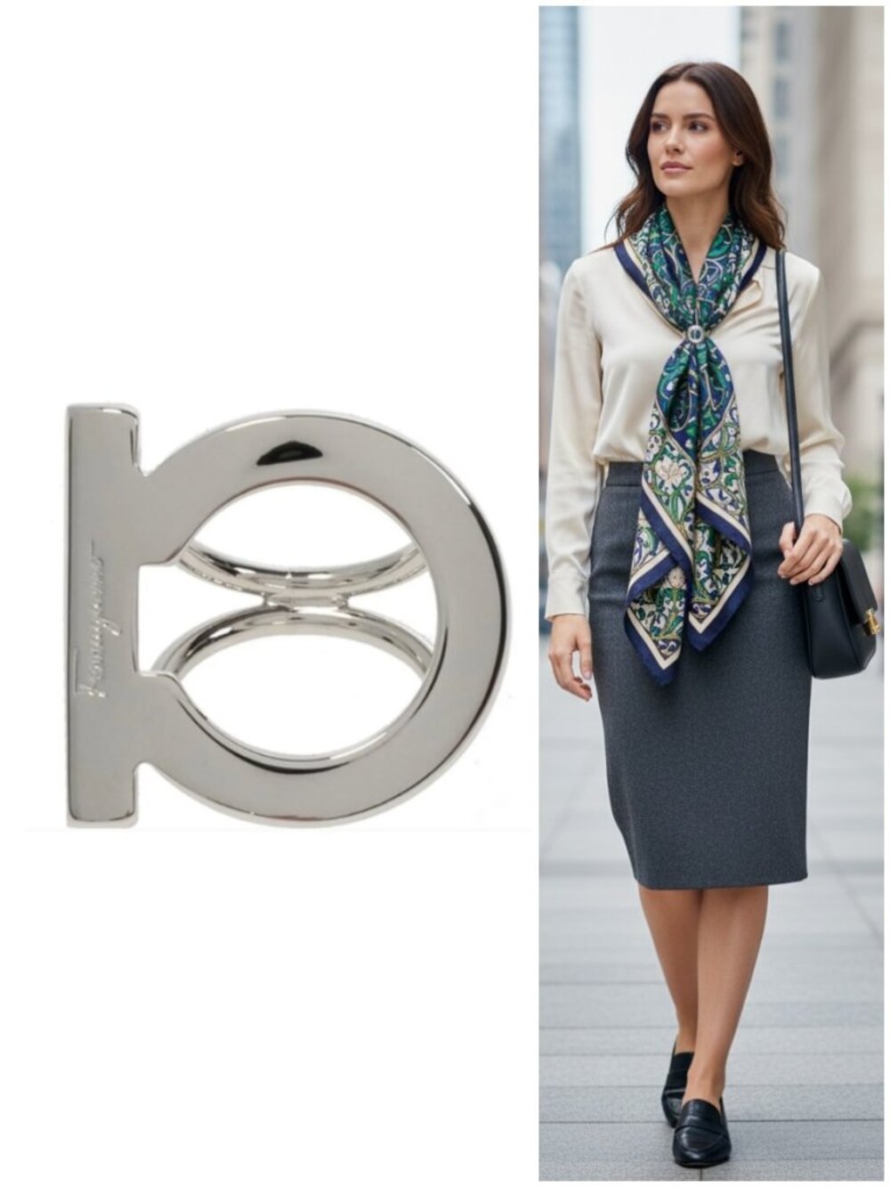 Salvatore Ferragamo Gancini Scarf Ring Silver Tone Engraved Logo Italy MINT